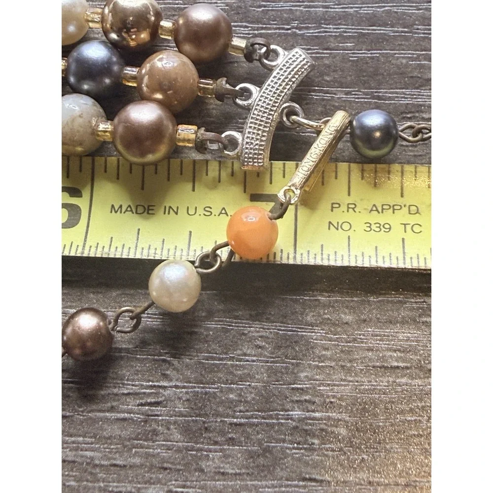 Vintage Faux Pearl Necklace Triple Strand Gold Tone Blue Cream Orange 14-15.5